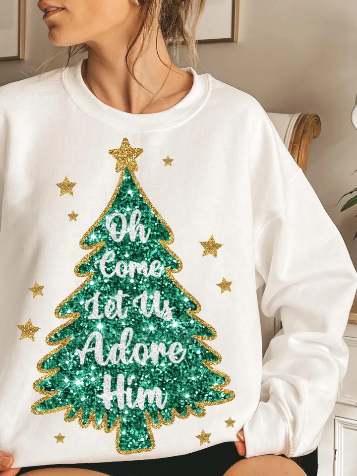 Oh Come Let Us Adore Him, Christmas PNG, Faux Glitter Christmas Tree, Hand Drawn, Hand Lettered, Faux Glitter Sequins, Sublimation Download