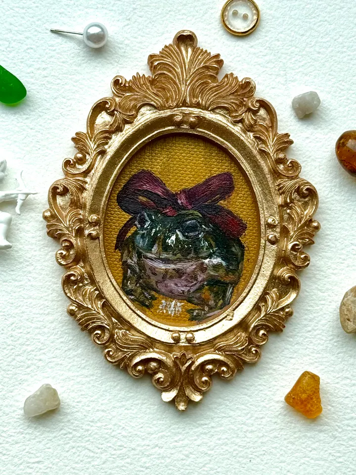 Framed Toad Painting Original Cute Frog Gift Artwork Amphibians Art Oil Painting