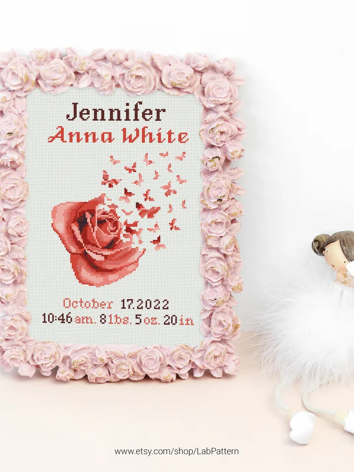 Rose Birth announcement cross stitch pattern, baby, personalized, boy girl nursery decor, counted, chart, gift DIY, embroidery, instant PDF