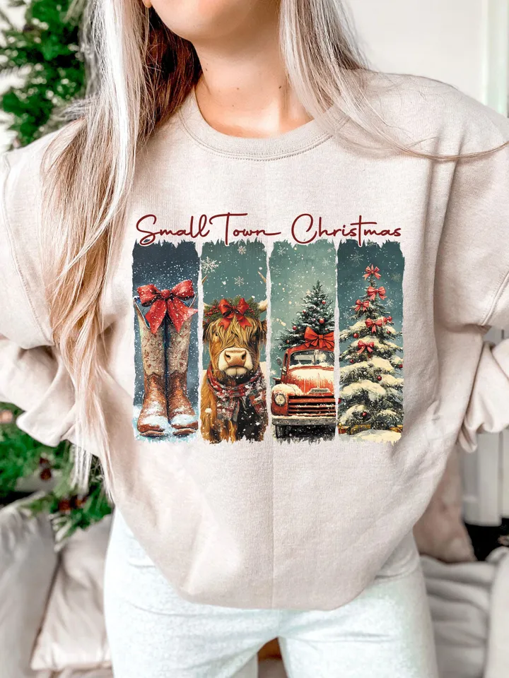 Vintage small town christmas PNG, Cowgirl Png, Small town girl Christmas PNG, highland cow Christmas png, Christmas western png