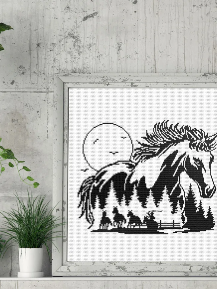 Horse cross stitch pattern PDF download Horse silhouette cross stitch chart, Monochrome nature pattern digital, Gift for horse lover #L84