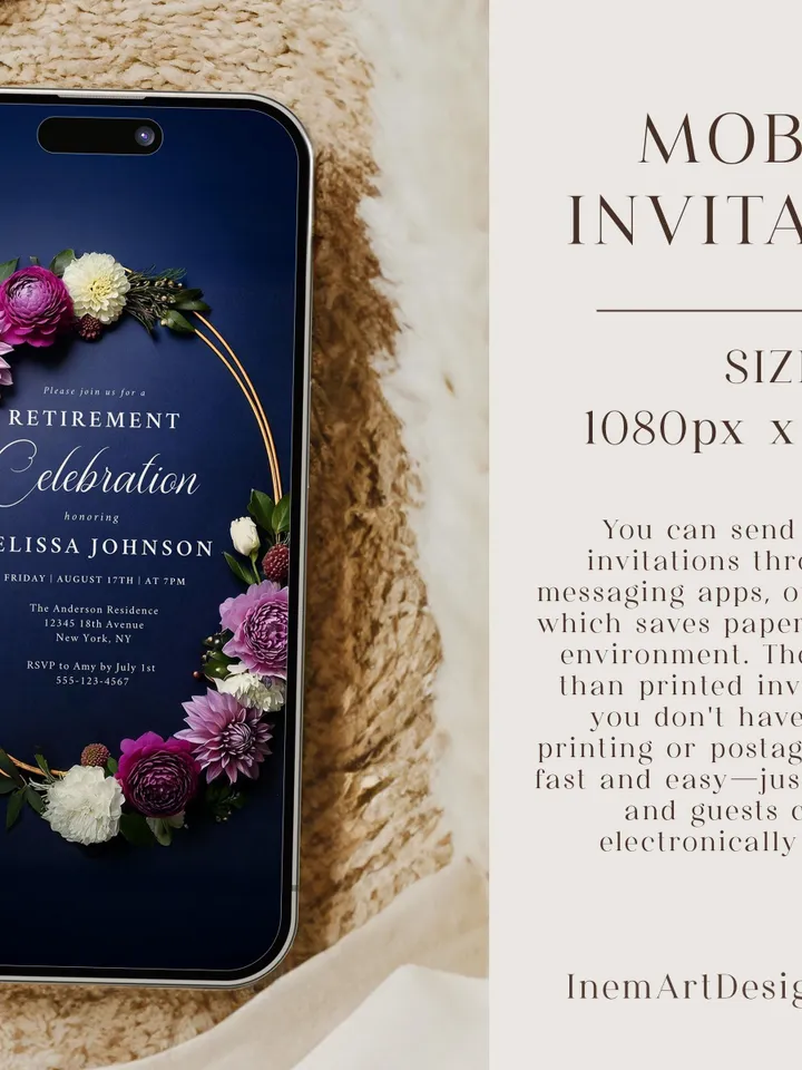 Editable Retirement Invitation for Women, Moody Purple Floral Invite Template, Navy & Gold, Digital Retirement Party Invitation Canva