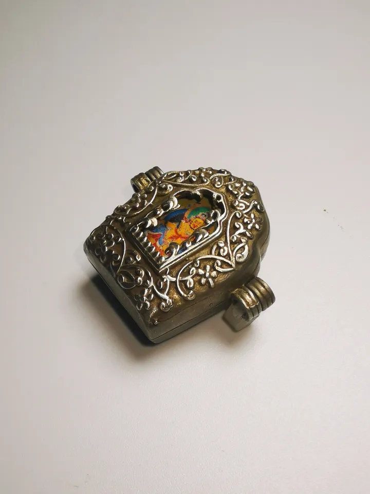Gandhanra Antique Handmade Gau Ghau Shrine, Yellow Jambhala Mini Tibetan Buddhist Altar Amulet Pendant,Made of White Copper