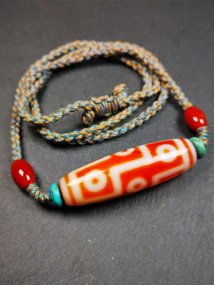 Gandhanra Unique Tibetan Fire Agate 9 Eyes Dzi Bead Necklace,1.93&quot; x 0.59&quot;