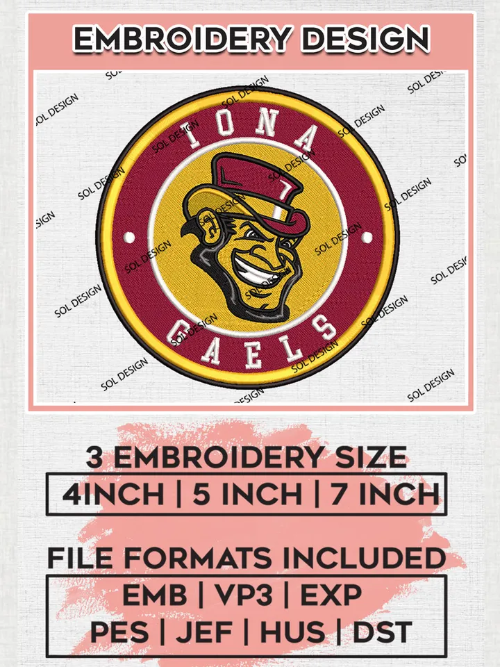 NCAA Iona Gaels Round Logo Embroidery, NCAA Iona Gaels Embroidery Design files, NCAA Teams, NCAA Machine embroidery designs, Digital Download