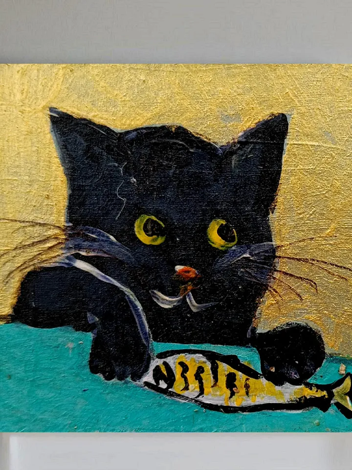Mini painting a black cat and sardine painting framed 4x4 in Original Handmade painting Gift by ArtProkopaloSv