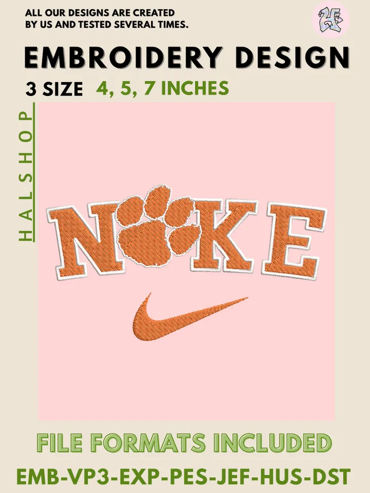 NCAA Clemson Tigers Nike Logo Embroidery Design | Machine Embroidery File | 3 Sizes, 6 Formats | NCAA College Team Design