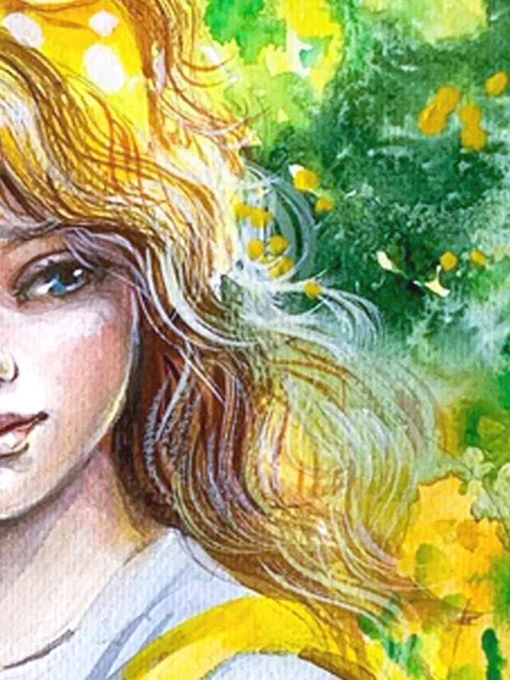 Portrait of a girl, yellow bouquet, watercolor painting