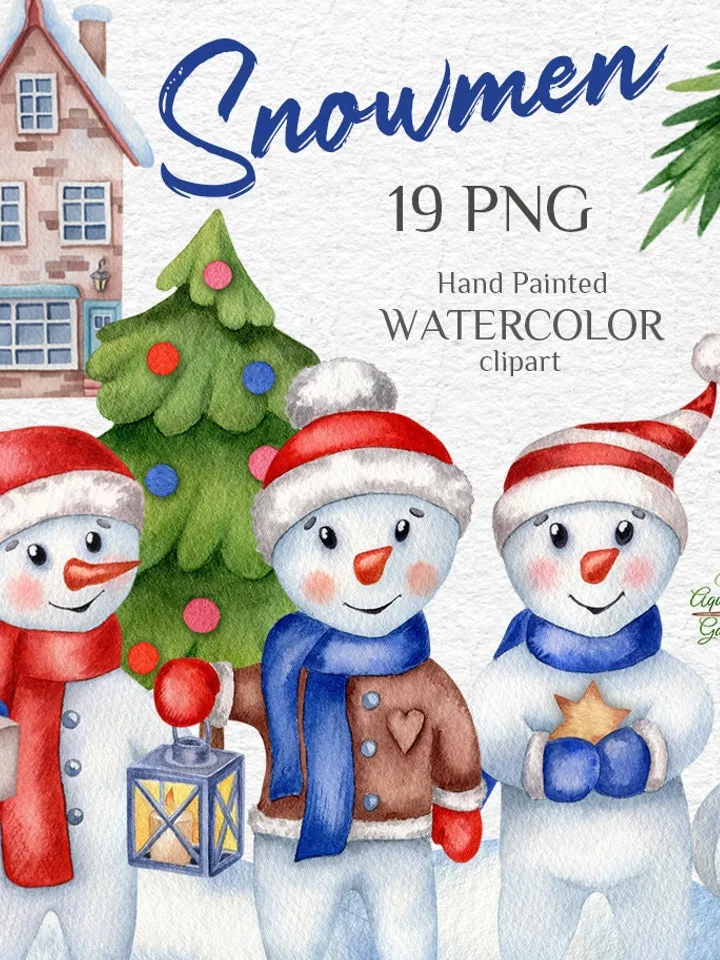 Snowmen Christmas tree toys Watercolor hand-painted images Winter New Year DIY wishes Stickers Wall art Gift wrap Scrapbooking Printable PNG