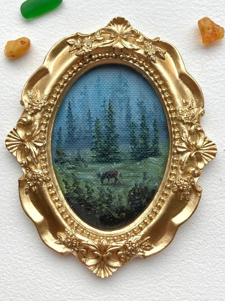 Forest Landscape Oil Painting Original In Vintage Style Frame Small Framed Oval Painting Art