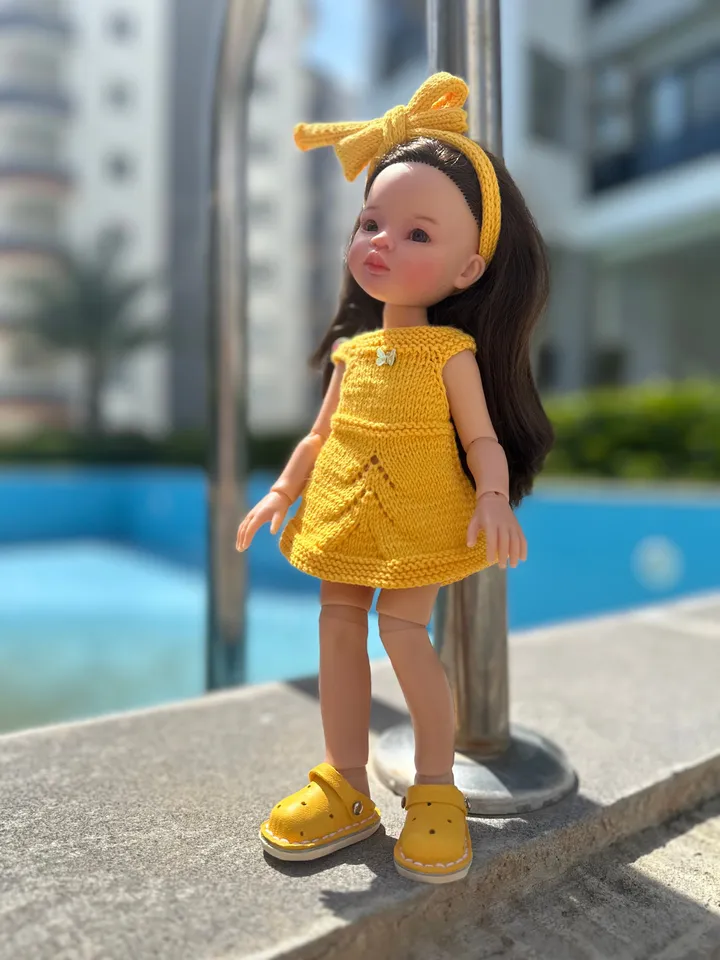 Paola Reina Doll 4 ITEMS Set: Exclusive Handmade Outfit - Summer Dress, Beret, Headband, Crocs