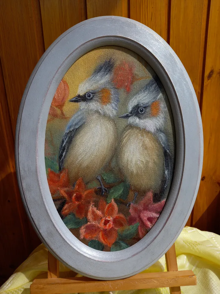 Bird original oil painting with a frame 25x35 cm