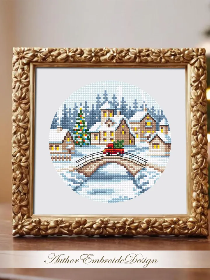 Christmas village cross stitch pattern PDF download Winter landscape cross stitch chart, Christmas pattern digital PDF, Snow landscape #N183