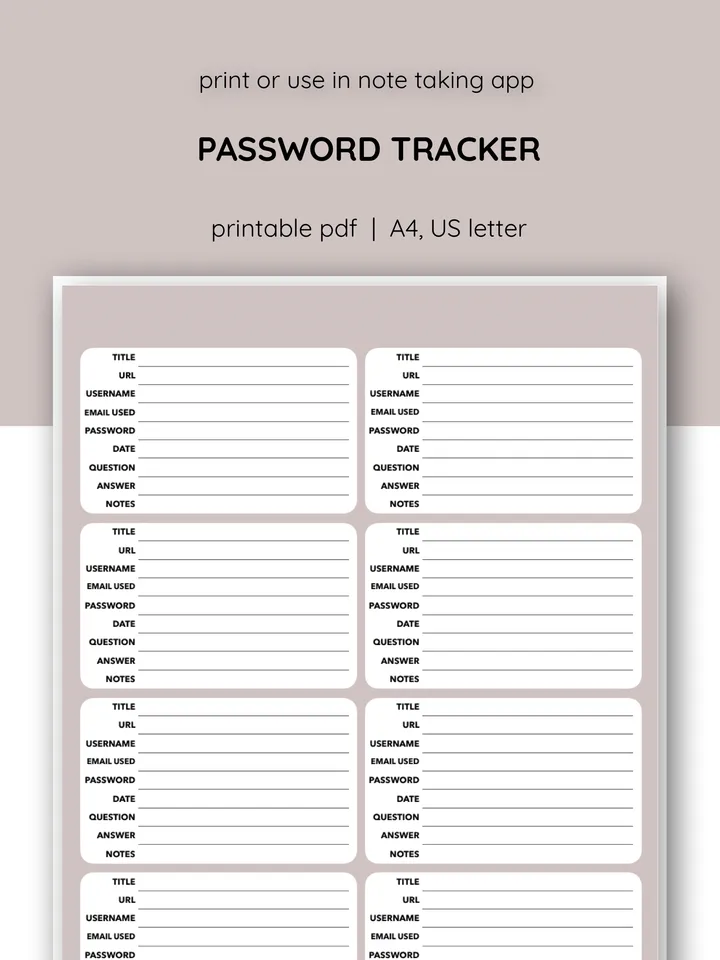 Printable password tracker. Password template. PDF password keeper. Password organizer.
