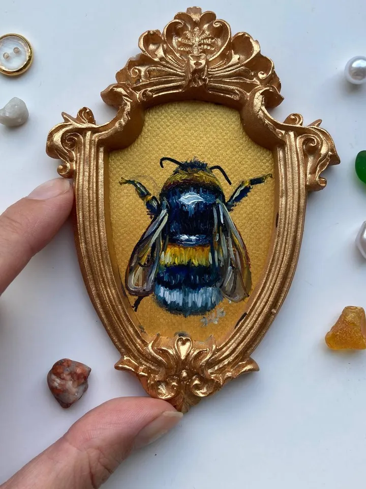 Framed Bumblebee Oil Painting Original Entomology Art Bee Painting Victorian