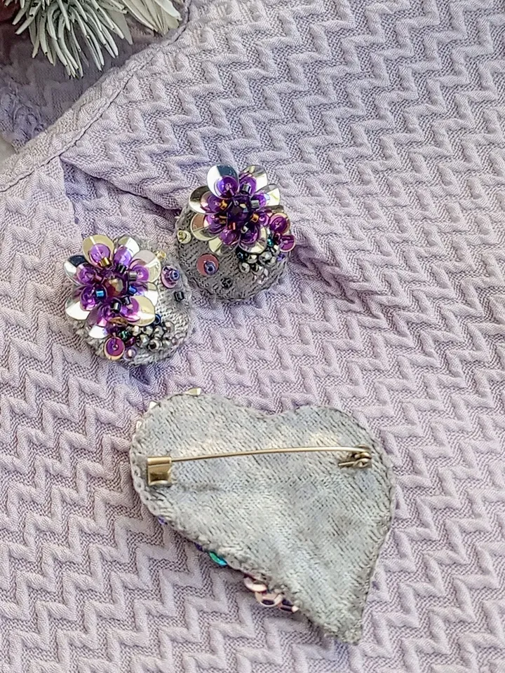 One of a kind handmade jewelry set heart brooch and earrings for women, valentines gift for her heart jewelry heart gift