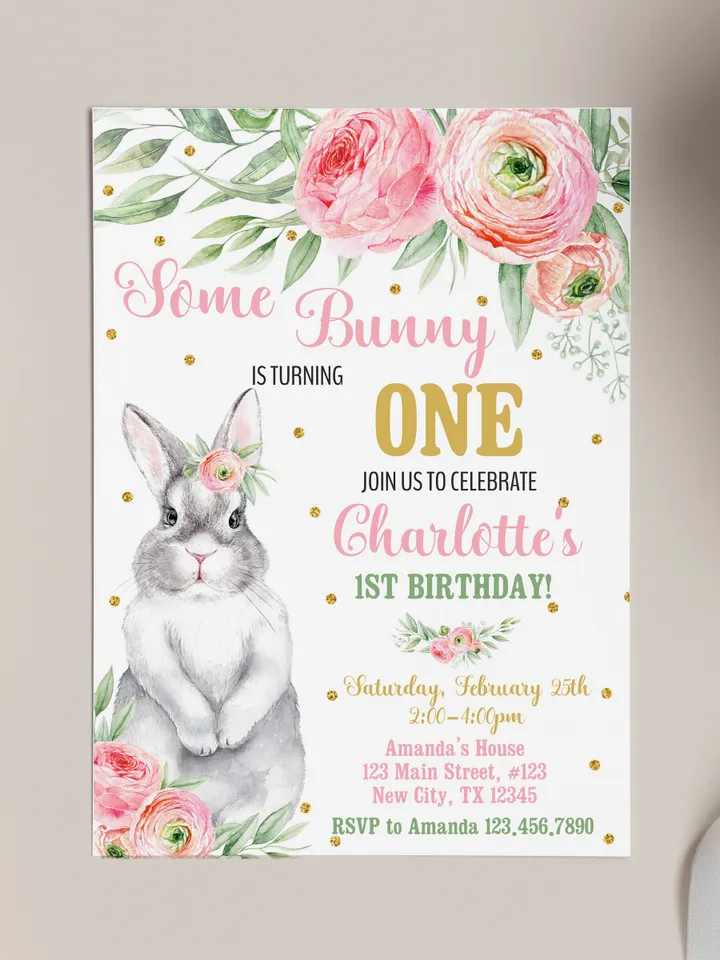 Some Bunny is One Birthday Invitation Girl 1st Birthday Invitation, Bunny Birthday Invitation Instant Download, Editable Template