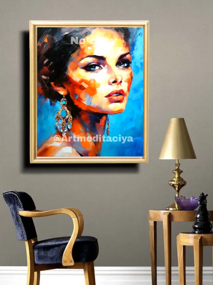 The digital abstract modern painting "Girl" in the style of oil painting with a palette knife is a concise image of a beautiful brunette of European appearance with expressive blue eyes and large ethnic earrings with blue stones on a blue background