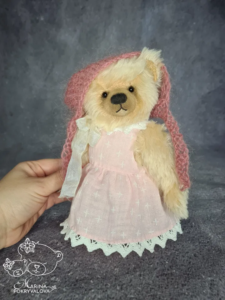 Mohair teddy bear in dress. Jointed bear toy. Handmade teddy bear. Artist bear.