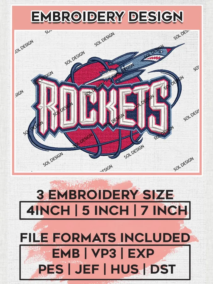 Houston Rockets Embroidery Designs, NBA Logo Embroidery Files, NBA Rockets, Machine Embroidery Pattern, Digital Download