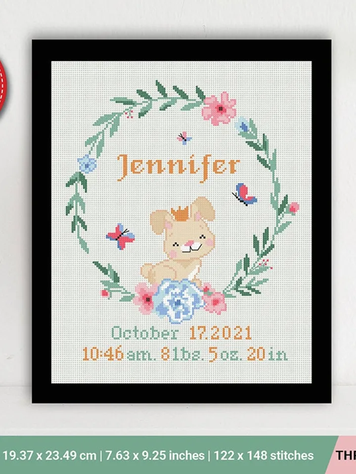 Rabbit Birth announcement cross stitch pattern, baby,personalized, boy girl nursery decor, counted, chart, gift DIY, embroidery, instant PDF