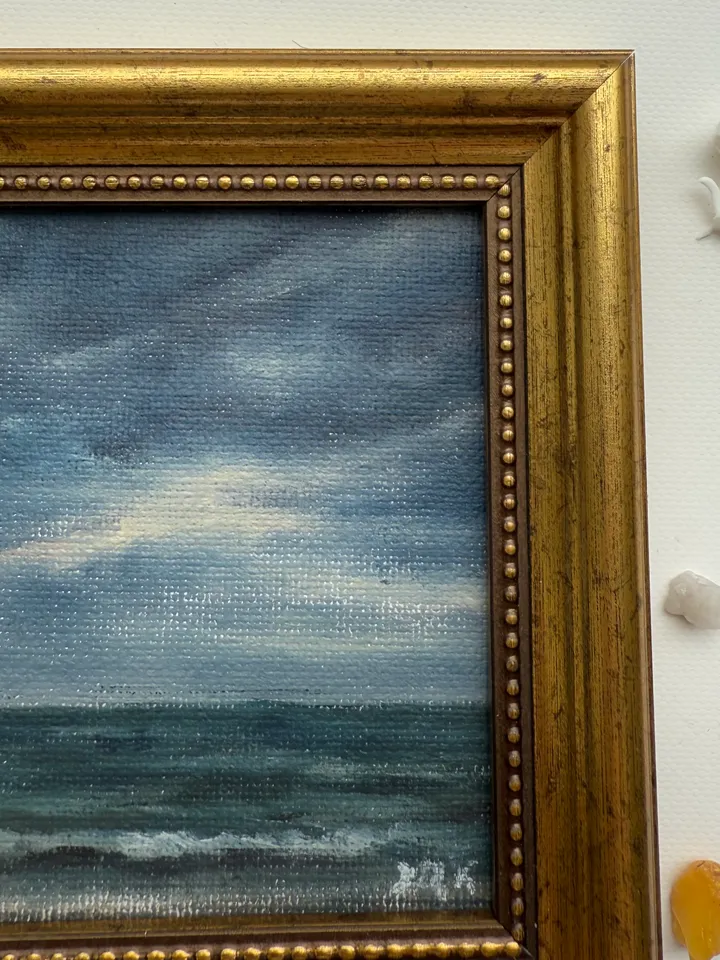 Small Landscape Painting On Canvas Framed Original Coastal Painting Antique Cloud Art Beach Gold Frame Paintings 4 x 4 Art Victorian