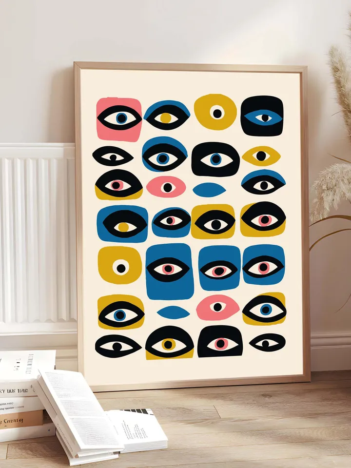 Colorful Eye Wall Poster, Whimsical Abstract Eye Art, Retro Grid Design, Mid Century Digital Print, Home Decor, Instant Download, crayz eyes