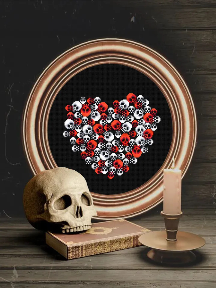 Gothic heart cross stitch pattern download PDF Gothic halloween cross stitch chart, Skull embroidery PDF, Spooky valentine, Horror gift #H31