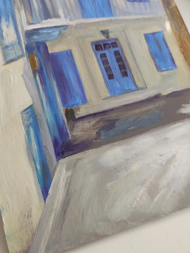 Oil painting on cardboard the house with blue windows