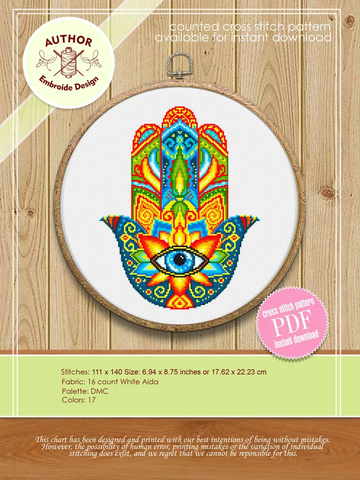 Hamsa hand cross stitch pattern download PDF, Mandala pattern PDF, Colorful Hand of Fatima cross stitch, Evil eye hamsa beginner stitch #M76