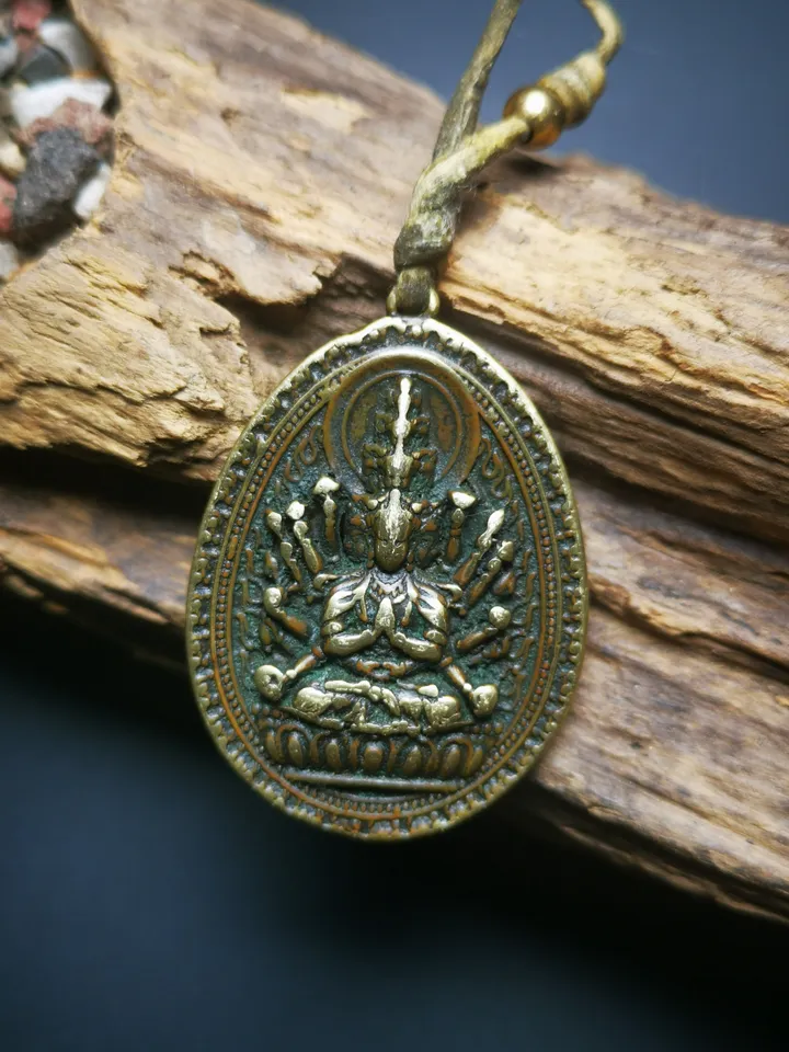 Gandhanra Antique Tibetan Buddhist Protective Pendant,Double Sided Avalokitesvara Amulet,Padmapani,Kuanyin Pendant,Made of Brass