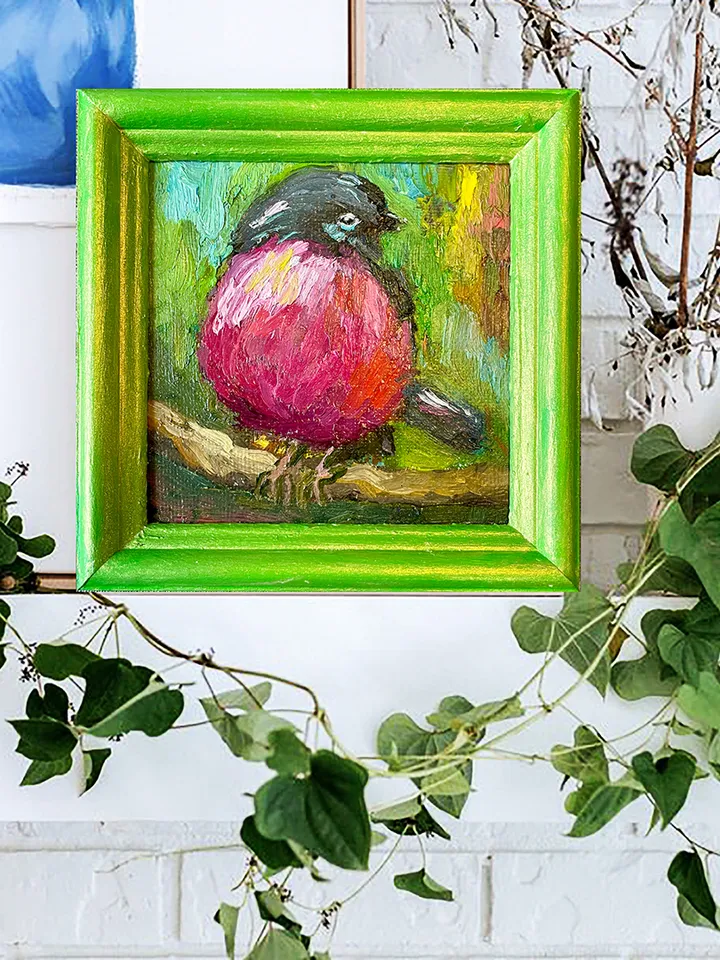 Pink robin painting, original bird oil painting, framed art