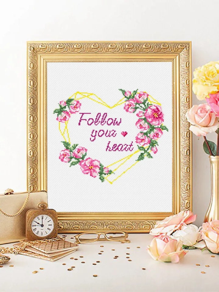 Floral heart cross stitch pattern PDF download Heart frame cross stitch chart, Follow your heart pattern digital PDF, Valentines stitch #Q1