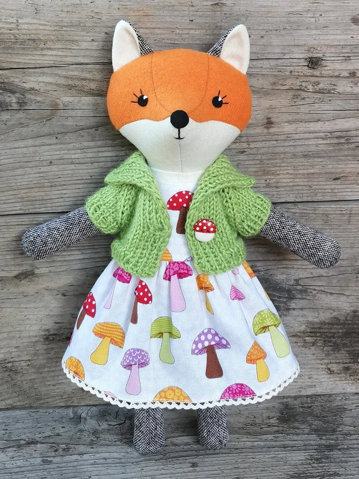 Orange fox girl, wool plush doll, handmade fabric fox toy