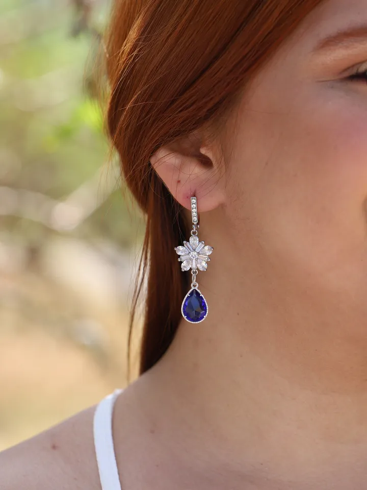 Silver | Blue Cubic Zirconia Flower Wedding Earrings, Swarovski Crystal Bridal Earrings, Floral Statement Wedding Earrings, Bridal Jewelry,