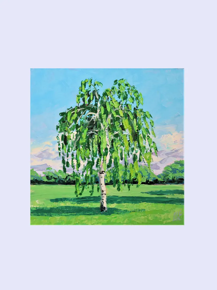 Original Oil Painting Birch Tree Created with Palette Knife Technique Artwork