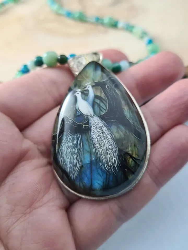 White peacock on labradorite gemstone pendant Miniature painting Necklace