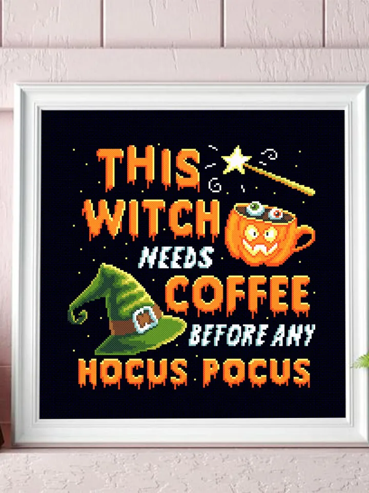 Halloween quotes cross stitch pattern download PDF Coffee cross stitch, Hocus pocus xstitch chart, Cute Halloween embroidery Witch hat #H20