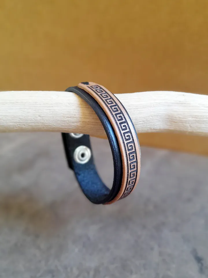 Meander Men's Leather Bracelet - Greek Key Meandros Design, Greek Inspired Jewelry, Minimalist Men's Wristband, Unisex Accessories