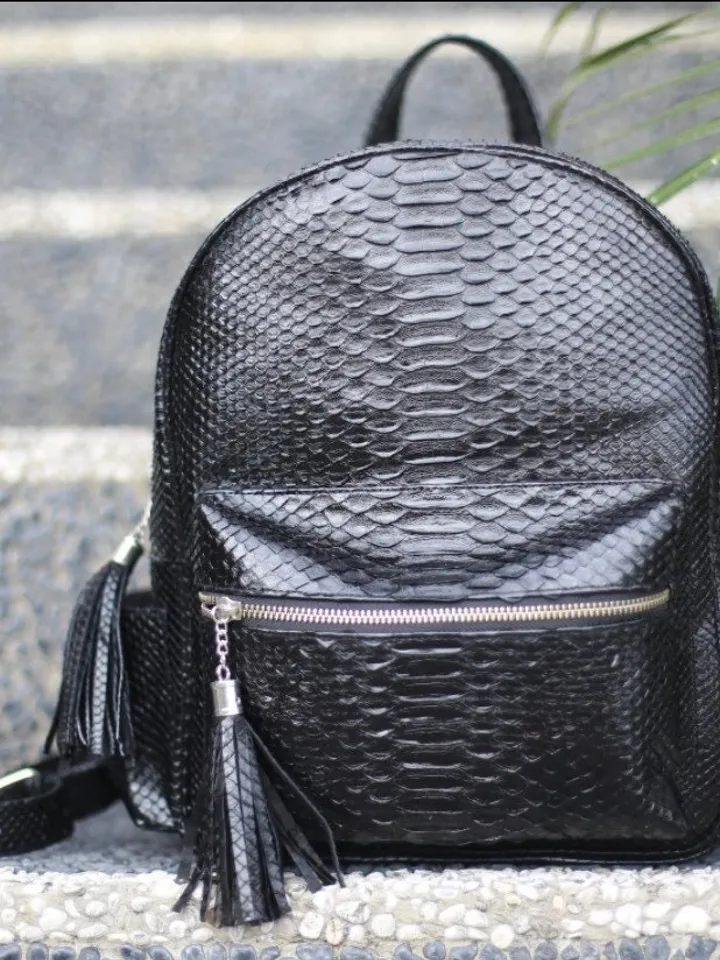 Genuine python Skin Backpack | Exotic Leather Backpack | Black Leather Shiny Backpack | Python skin Bags | Women Backpack | Unisex Backpack