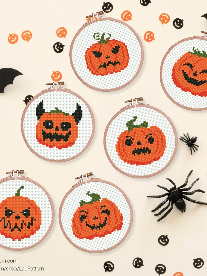 Bundle 10 mini pumpkin Cross stitch patterns, Halloween, Trick or Treat, beginner counted, modern chart, gift DIY, embroidery, instant PDF