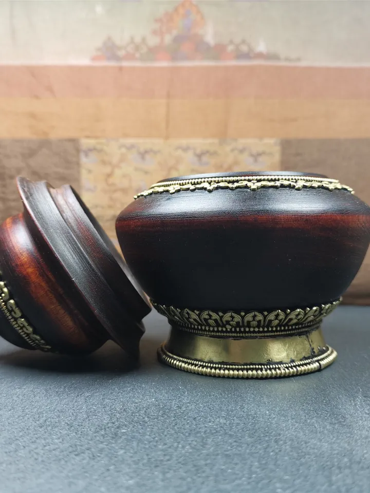 Gandhanra Handmade Tibetan Buddhist Offering Bowl,Shesum Wooden Bowl,Ritual Implement of Lama,6.3" × 4.0”