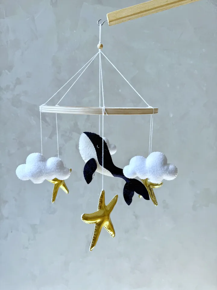 Whale baby mobile golden stars Ocean crib mobile minimalistic