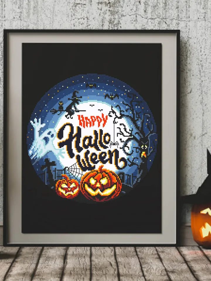 Happy Halloween cross stitch pattern download PDF Halloween moon cross stitch Spooky cross stitch chart Halloween night Magic embroidery #H8
