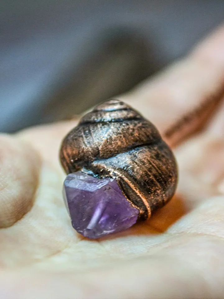 Handmade copper pendant made from real shell using electroforming process, embellished with natural amethyst, great gift for her and him