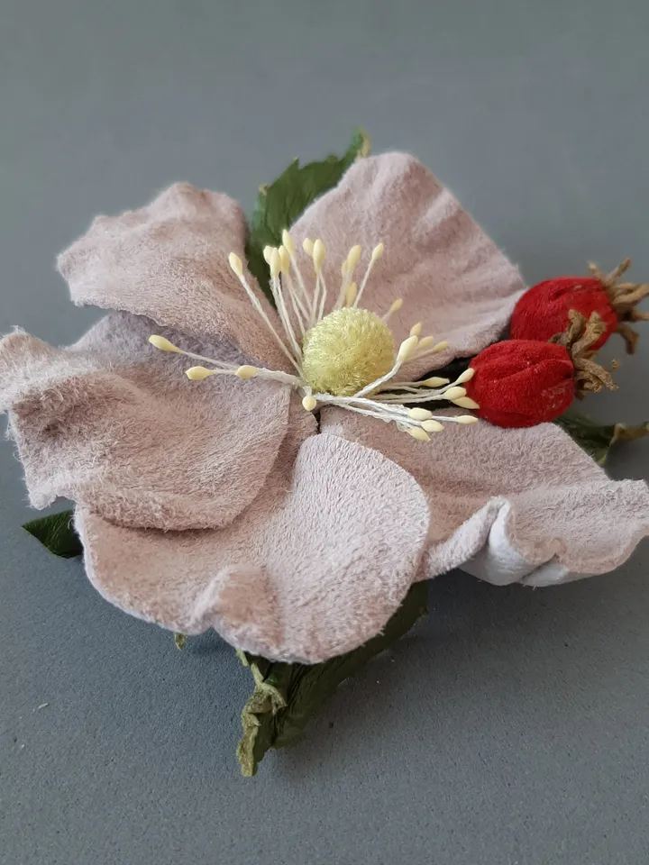 Leather brooch Rose hip for her , 3rd anniversary gift for wife, Leather women's jewelry