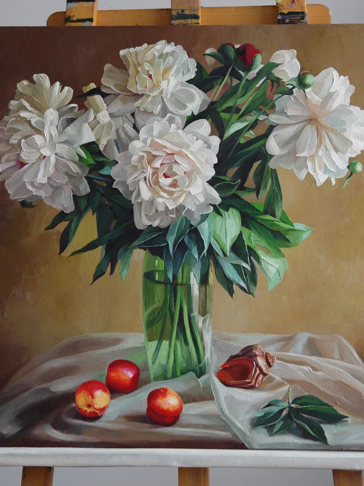 Painting Still life with white peonies