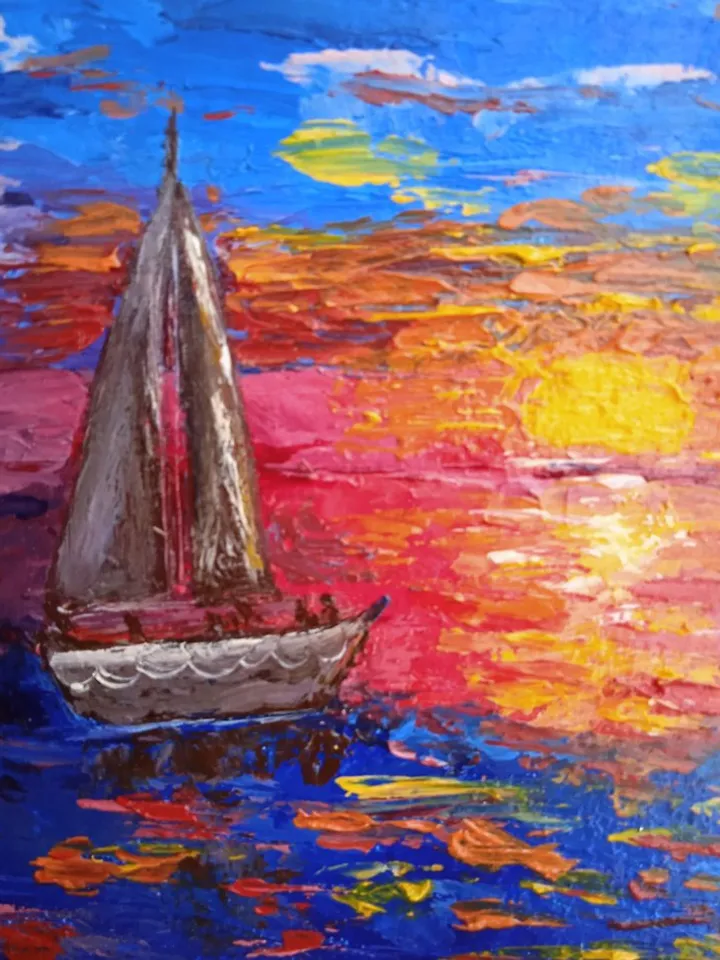 Landscape with the sea Sailboat at sunset Original Oil painting Impasto Art