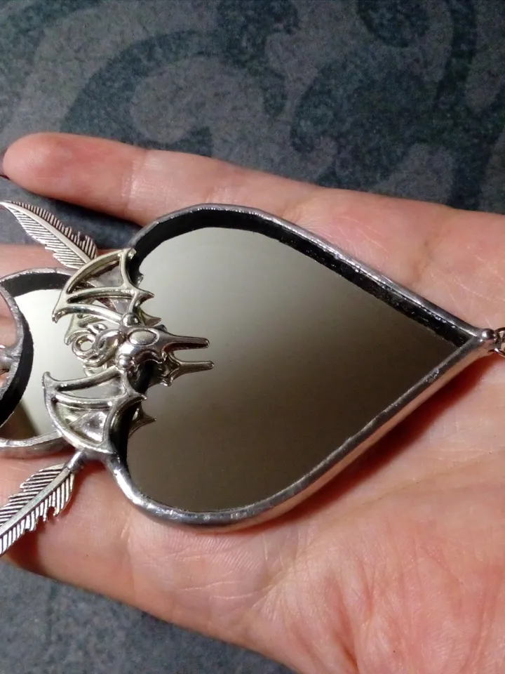Stained glass scrying mirror, Black goth ornate mirror, Bat mirror, Car hanger, Witch mirror, Heart mirror