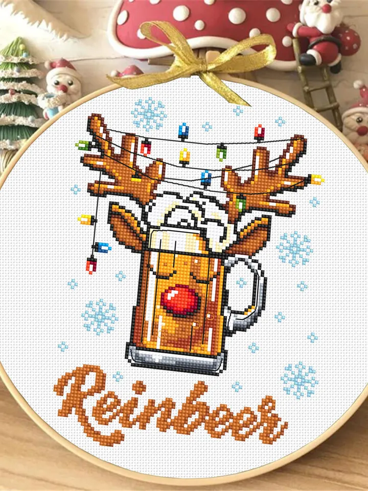 Funny Christmas reindeer cross stitch pattern PDF Christmas beer cross stitch chart, Reinbeer pattern digital PDF, Beer lover gift #N110
